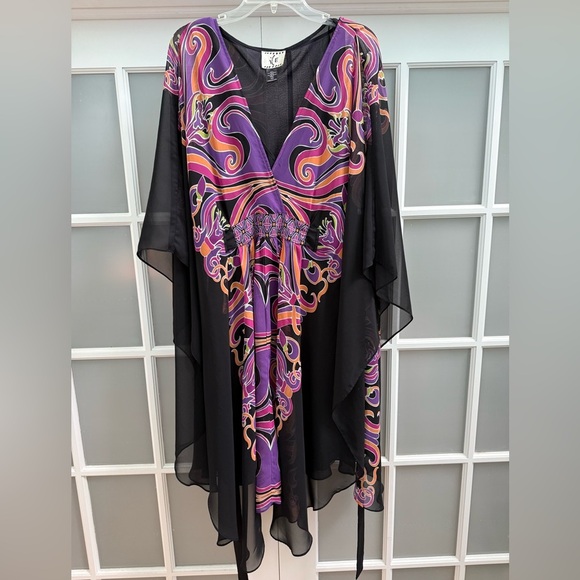 Ice Dresses & Skirts - VTG I.C.E. Boho Black Dress & Kaftan Resort Evening Cover Up Set 2pc Size 18W